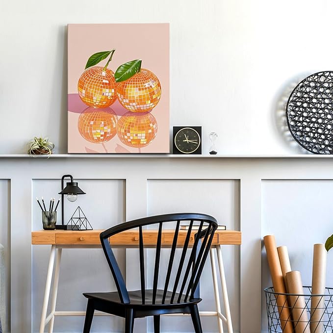 APJYM Funky Y2K Disco Ball Orange Wall Art, Trendy Retro 70s Preppy Pink Girly Orange Aesthetic Canvas Wall Art for Girls Room Bedroom Dorm Apartment Decor, 11x14 Inches Framed