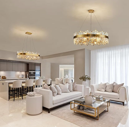 Siljoy Modern Crystal Chandelier 16-Light Large Luxury Gold 2-Tiers Raindrop Chandelier Flush Mount Crystal Pendant Ceiling Light Fixture for Living Room Dining Room Entryway Foyer D31.5''