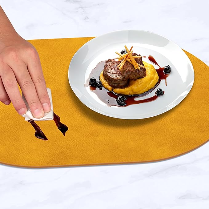 ADRIMER Placemats, Heat Resistant Oval Placemats Set of 4 Washable 12 x 17 Inch, Waterproof Table Mats, Wipeable Pu Place Mats for Kitchen, Dining Room, Yellow
