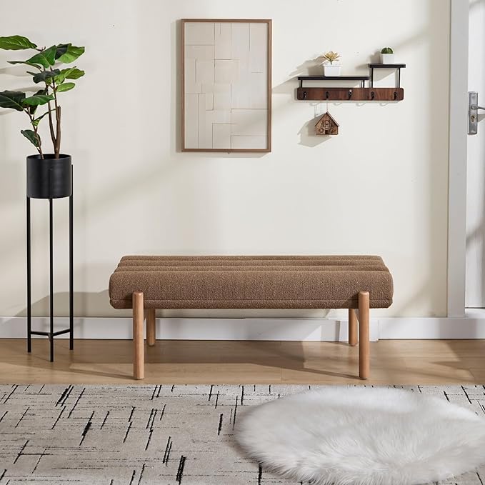 47" Modern Upholstered End of Bed Bench, Brown Chenille Channel Tufted Entryway Bench with Wood Legs, Comfy Bedroom Bench Long Ottoman for Living Room Hallway Vanity Room