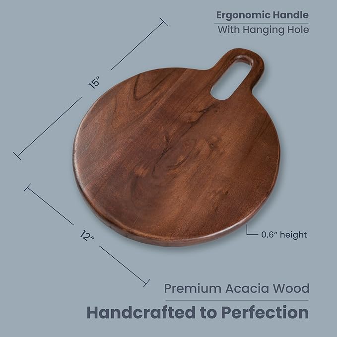 The Fine Living Co. Walnut Round Serveware Board with Handle, Charcuterie Boards, Acacia Wood 0.6" Thick Board, Bread Board for Serving Meat, Cheese, Pizza Peel, Food-grade, 15" × 12"