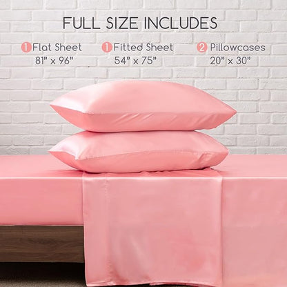 MR&HM Satin Bed Sheets, Full Size Sheets Set, 4 Pcs Silky Bedding Set with 15 Inches Deep Pocket for Mattress (Full, Blush)