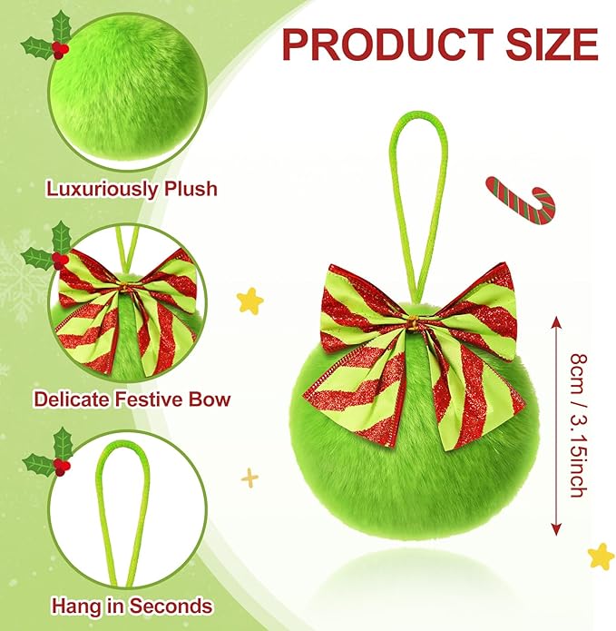 12 Pcs Lime Green Furry Christmas Ball Ornaments，3.15 Inch Xmas Tree Green Christmas Hanging Decorations Soft Faux Fur Pom Pom Ball Ornaments for Home Party Supplies Fireplace Mantel Wall Decor