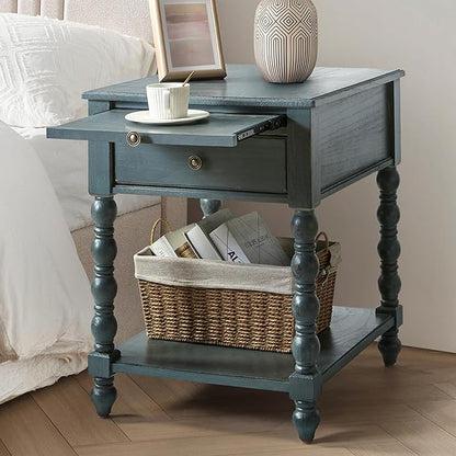 HULALA HOME Spindle Nightstands with Charging Station, Solid Wood Nightstand with Drawer Shelf, Side Table with Pull-Out Shelf (Blue)