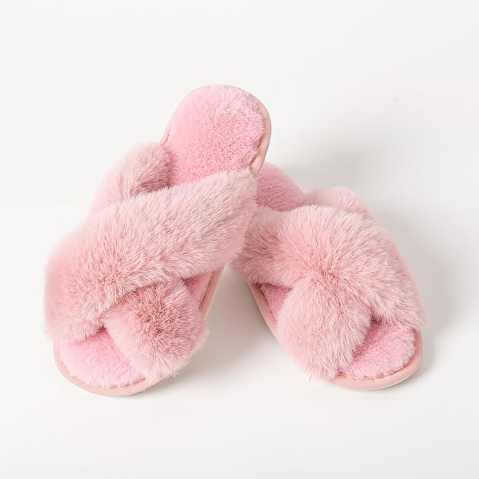 Women's Slipper Memory Foam Cross Band Fuzzy Slippers Open Toe Cozy House Slippers Cozy Plush Bedroom Indoor Outdoor