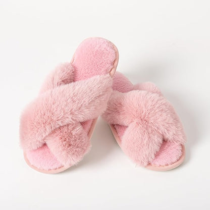 Women's Slipper Memory Foam Cross Band Fuzzy Slippers Open Toe Cozy House Slippers Cozy Plush Bedroom Indoor Outdoor