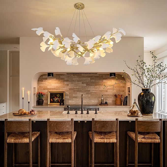 Modern Gold and White Tree Branch Chandeliers for Dining Room,36" Rectangle Ceramic Ginkgo Leaf Chandelier, Dining Chandelier,Linear Chandeliers for Dining Room, Living,Kitchen