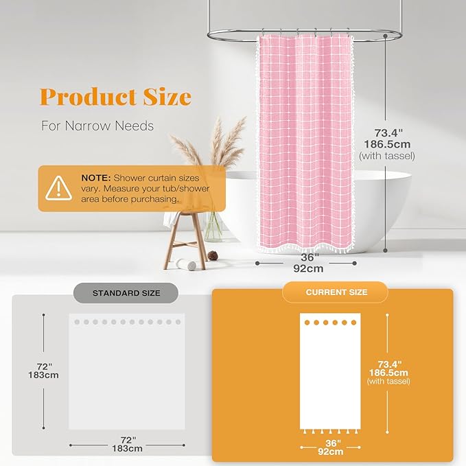 BTTN Boho Shower Stall Curtain - 36x72 Narrow Linen Ultra Thick Tassel Fabric Shower Curtain Set with 6 Plastic Hooks, Half Modern Farmhouse French Country Weighted Shower Curtains for Bathroom - Pink