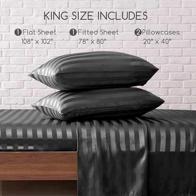 MR&HM Satin Bed Sheets, King Size Sheets Set, 4 Pcs Silky Bedding Set with 15 Inches Deep Pocket for Mattress (King, Dark Grey Striped)