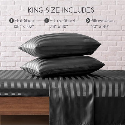 MR&HM Satin Bed Sheets, King Size Sheets Set, 4 Pcs Silky Bedding Set with 15 Inches Deep Pocket for Mattress (King, Dark Grey Striped)