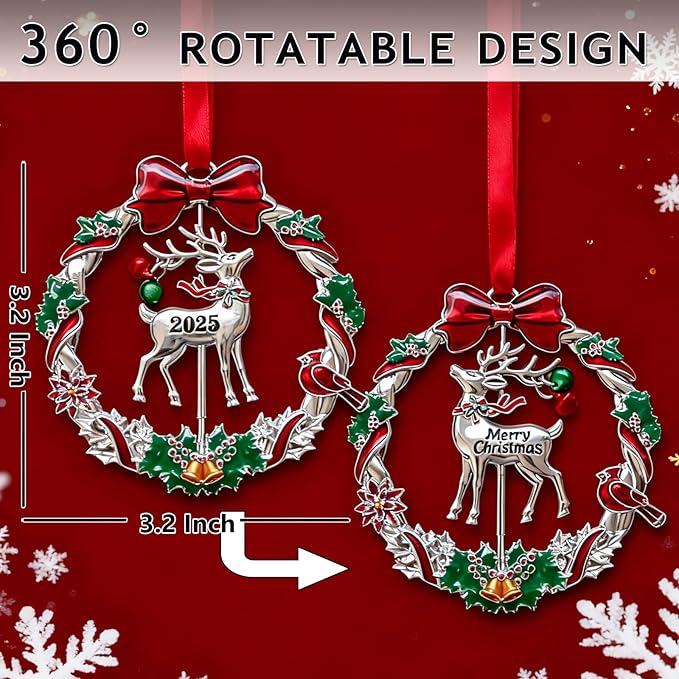 Christmas Ornament 2025 for Tree Hanging Decorations Dated 2025 Christmas Wreath Ornament with Rotatable Reindeer Metal Xmas Ornament for Holiday Decorative Keepsake Gifts