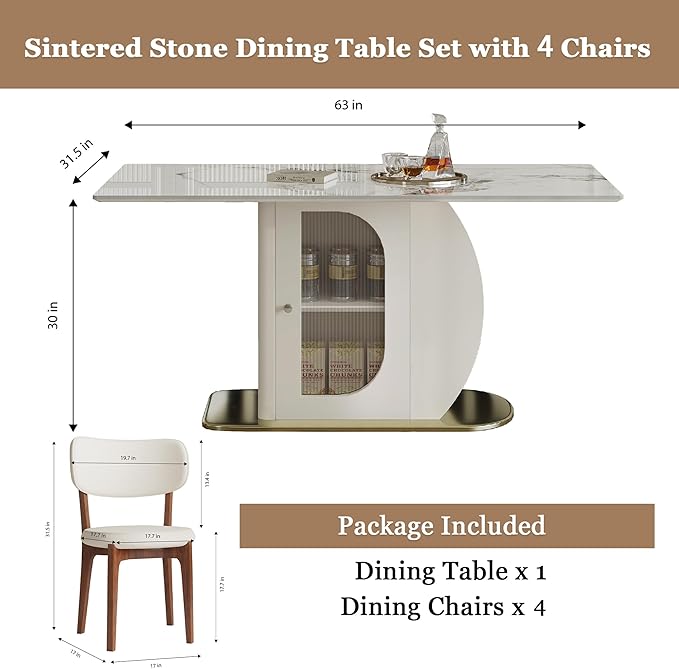 Montary 63" Modern 4-6 Person Dining Table with Storage Cabinet, Artificial Marble Dining Table with Sintered Stone Tabletop & Golden Solid Wood Base, Includes 4 Cream PU Chairs for Kitchen