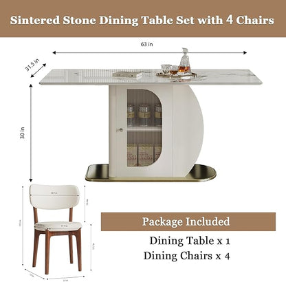 Montary 63" Modern 4-6 Person Dining Table with Storage Cabinet, Artificial Marble Dining Table with Sintered Stone Tabletop & Golden Solid Wood Base, Includes 4 Cream PU Chairs for Kitchen