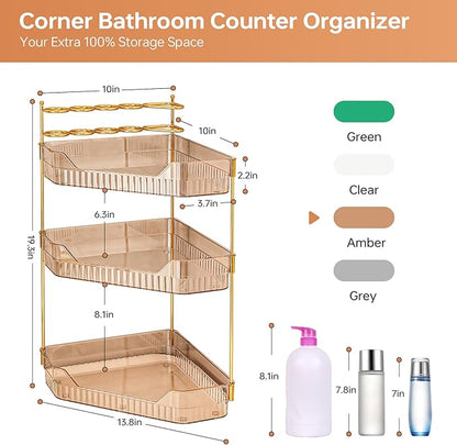 Corner Bathroom Counter Organizer with Makeup Brush Holder & Toothbrush Holders, Makeup Organizer for Vanity Countertop, Acrylic Skincare Storage Shelf (Amber, 3-Tier)