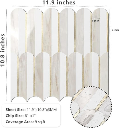 Vamos Tile Peel and Stick Backsplash Seamless Tile for Kitchen and Bathroom,White and Glossy Wooden Marble PVC Mixed Light Gold Self Adhesive Fish Scale Metal Mosaic Tiles (10 Sheets)
