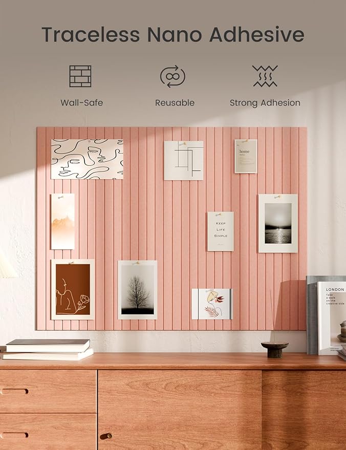 Bumusty Large Cork Board Alternative-47 x35 Felt Bulletin Board Tiles, with 30 Pushpins, 70 Adhesive Tabs, 12-Pack Slat Wall Paneling, Cork Boards for Office Push Pin Board Felt Board-Pink