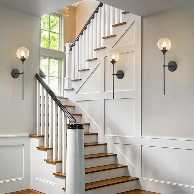 KCO Lighting Amber Glass Globe Wall Sconce Black Slim Long Arm Wall Lamp Mid Century Modern Wall Mounted Reading Light for Bedside Stairs Bathroom Mirror