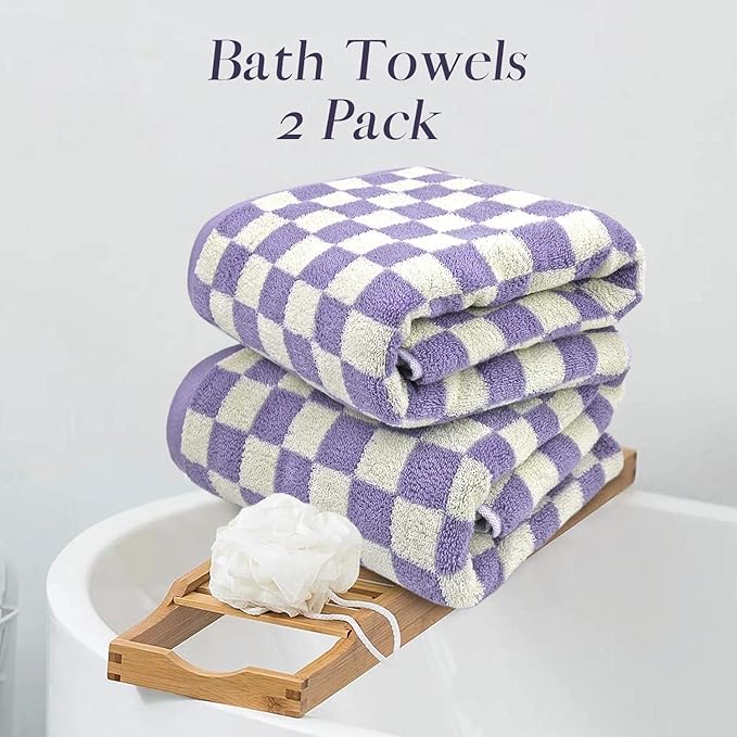 Jacquotha Shower Towels for Bathroom 27.5x55 Inches Quick Dry Bath Towels Soft & Lightweight 2Pack Cute Checkered Towel Sets Lilac
