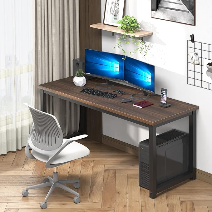 NSdirect Large Desk for Home Office, Large 63” Computer Desk Table, Wide Writing Study Desk for 2 Person, Metal Sturdy Frame Thicker Steel Legs, Black Chocolate