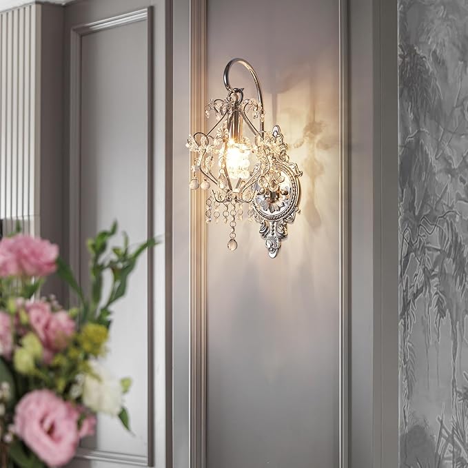 Silver Crystal Vintage Wall Sconces Set of 2 Indoor Hardwired Wall Light Fixture, Modern Wall Mount Lamp Light for Bedroom Living Room Bathroom Vanity Light Hallway Light Fixture Decor LED E12