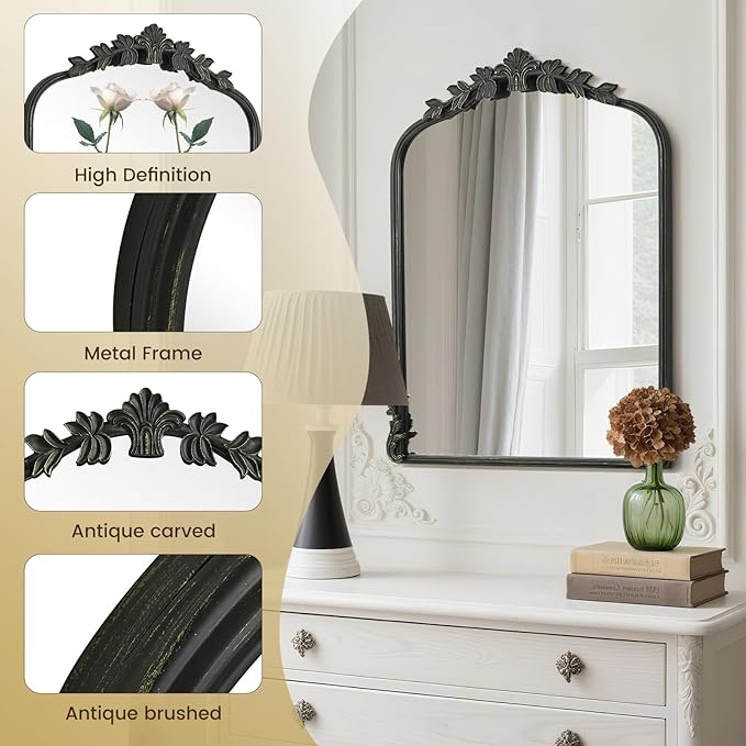 WallBeyond Black Antique Mirror for Vanity 22x30 Inch, Black Vintage Mirror with Ornate Frame, Arched Vintage Wall for Bathroom, Living Room, Fireplace