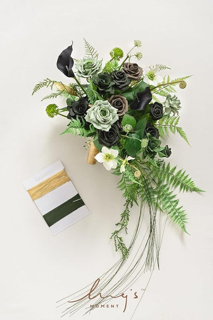 Ling's moment Forest Green Bridal Bouquet Cascading, Emerald Green Wedding Bouquets for Bride, 13 Inch Bride Bouquets for Wedding Artificial Flowers Bouquets