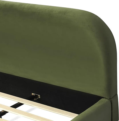 Queen Size Bed Frame, Upholstered Cloud Boucle Platform Beds Frames with Headboard, Anti-Collision Soft Rounded Corners Footboard, No Box Spring Required, Easy Assembly (35"Olive Green, Queen)