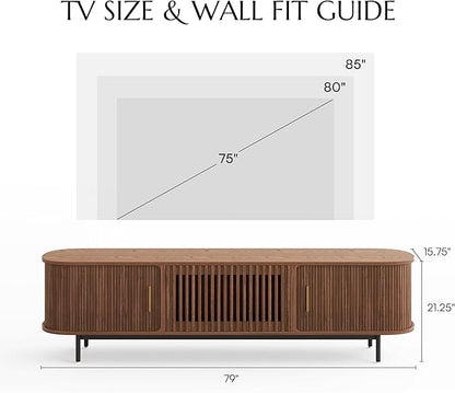 POVISON Fully-Assembled Mid Century Modern TV Stand for 75 inch TV, Sliding Door Entertainment Center with Storage, Wood TV Console, Media Console for Living Room Bedroom(Walnut, 78.74")