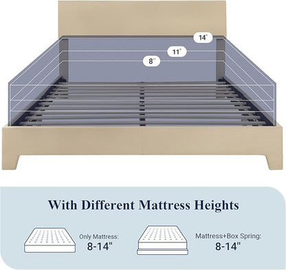 Allewie Full Size Bed Frame with Adjustable Headboard, Upholstered Platform Bed with Wood Slats, Heavy Duty Mattress Foundation, No Box Spring Needed, Noise-Free, Easy Assembly, Beige
