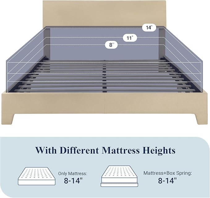 Allewie Queen Size Bed Frame with Adjustable Headboard, Upholstered Platform Bed with Wood Slats, Heavy Duty Mattress Foundation, No Box Spring Needed, Noise-Free, Easy Assembly, Beige