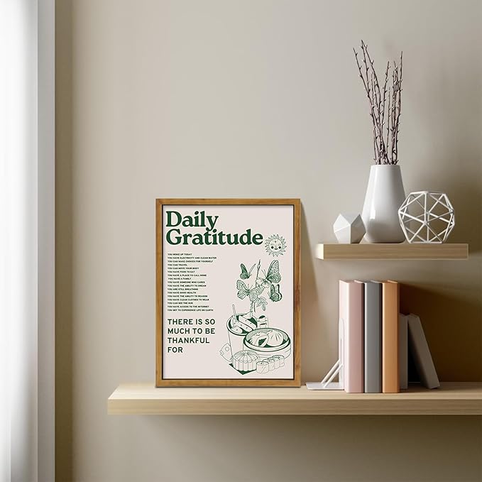 Framed Retro Poster for Room Aesthetic, Vintage Green Inspirational Quotes Canvas Wall Art, Daily Gratitude Posters for Room Aesthetic, Cute Sunflower Butterfly Retro Wall Decor for Bedroom,