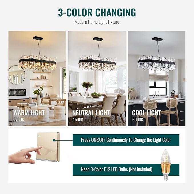 Siljoy Modern Crystal Chandelier for Dining Room, 16-Light Black Oval 2-Tiers Crystal Raindrop Chandelier, Farmhouse Dimmable Crystal Pendant Ceiling Light for Living Room Kitchen Island L35.4''