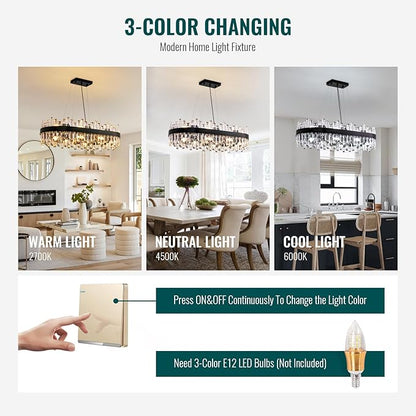 Siljoy Modern Crystal Chandelier for Dining Room, 16-Light Black Oval 2-Tiers Crystal Raindrop Chandelier, Farmhouse Dimmable Crystal Pendant Ceiling Light for Living Room Kitchen Island L35.4''