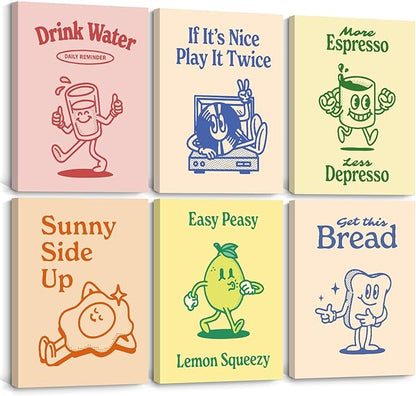 Retro Trendy Wall Art Decor Kitchen Aesthetic Canvas Wall Art Vintage Cute Pictures Funny Posters Retro Pink Prints Vintage Gallery Painting Funky Artwork for Room 12x16 Inch Set of 6 Ready to Hang