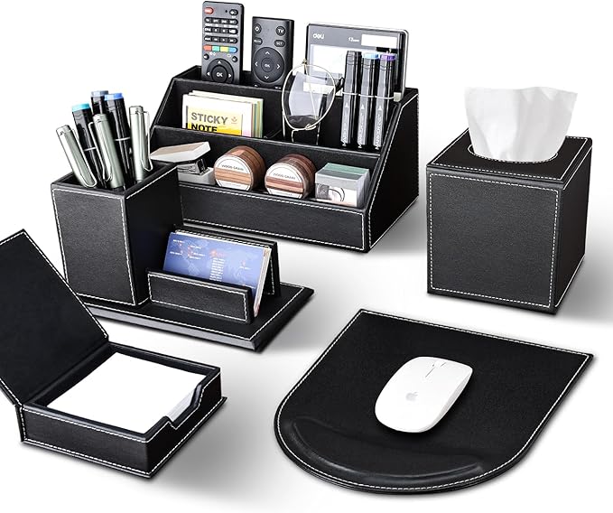 KINGFOM 5PCS Desk Organizer and Accessories Set, Pu Leather Office Supplies with Multifunction Desktop Organizer Box, Tissue Holder, Mouse Pad, Note Paper Holder, Pencil Holder for Desk Black