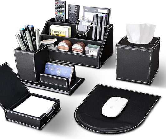 KINGFOM 5PCS Desk Organizer and Accessories Set, Pu Leather Office Supplies with Multifunction Desktop Organizer Box, Tissue Holder, Mouse Pad, Note Paper Holder, Pencil Holder for Desk Black