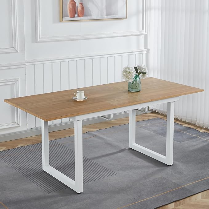 55''- 71'' Extendable Dining Room Table, Expandable Dining Table with Metal Leg, Modern Mid Century Large Table, for 2-6 Person, Light Oak