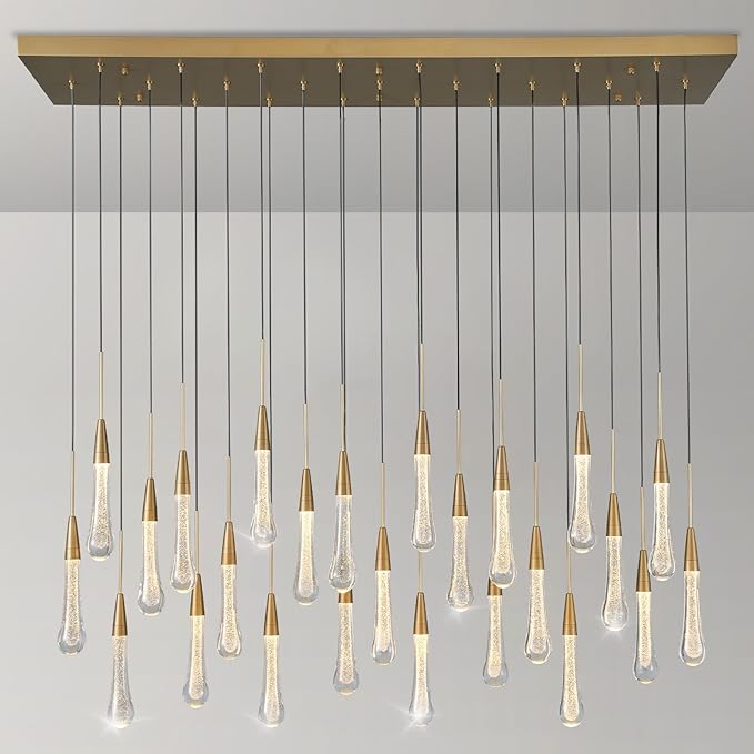 25-Lights Rectangle Gold Raindrop Chandelier with Glass, Luxury Farmhouse Large Linear Chandeliers for Dining Room Over Table, Brass Pendant Ceiling Light Fixture for Kitchen Island