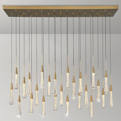 25-Lights Rectangle Gold Raindrop Chandelier with Glass, Luxury Farmhouse Large Linear Chandeliers for Dining Room Over Table, Brass Pendant Ceiling Light Fixture for Kitchen Island