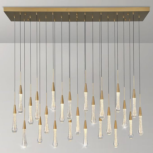 25-Lights Rectangle Gold Raindrop Chandelier with Glass, Luxury Farmhouse Large Linear Chandeliers for Dining Room Over Table, Brass Pendant Ceiling Light Fixture for Kitchen Island