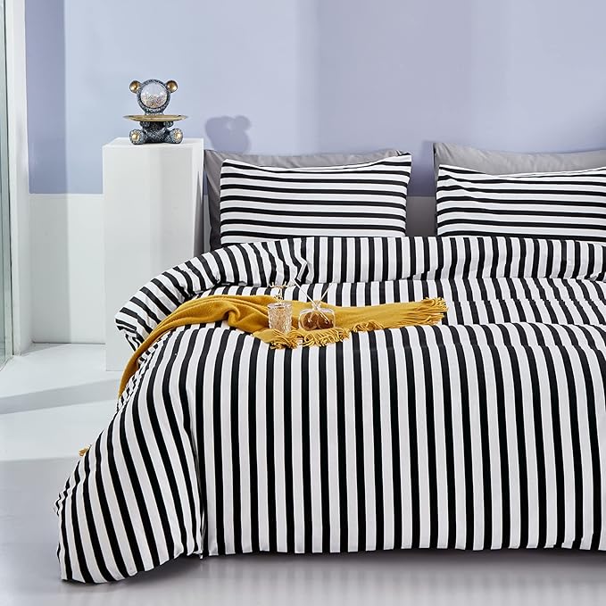 CLOTHKNOW Striped California King Comforter Set Black White Bedding Comforter Sets All Season Farmhouse Ticking Comforter with 2 x Pillow Cases