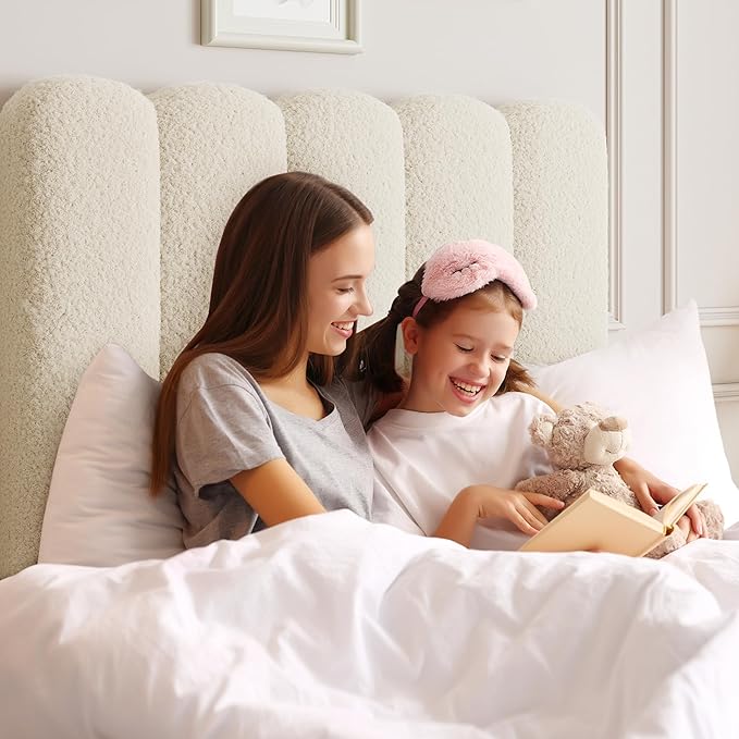 GarveeHome Twin Bed Frame with Under-Bed Drawer, Upholstered Platform Bed with Wave Headboard for Kids/Girls, Wooden Slats Support, No Box Spring Needed, Boucle Beige