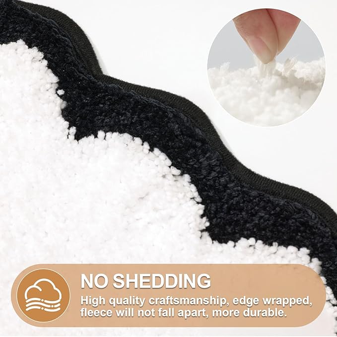 ORTIGIA White Bathmat Non Slip with Black Scallop, Quick Dry Bath Rug Absorbent Soft Plush Microfiber Bath mat for Bathroom Floor for Sink Bedroom, 20x32
