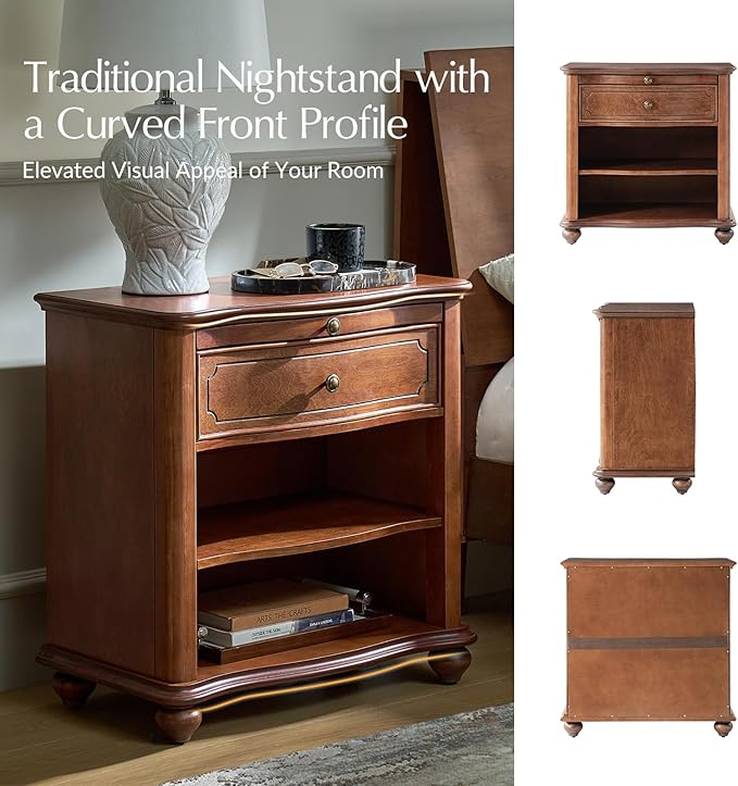 HULALA HOME Wooden Nightstand with Pull-Out Shelf, Mid Century Modern Nightstand with Solid Wood Drawers and Legs, Adjustable Storage, Brown