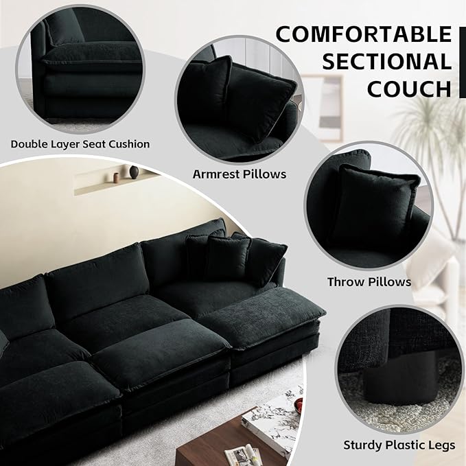 SoarFlash Chenille Sectional Sofa, Comfy Modular Coush Sofa with Ottoman, Modern 3 Seat Recliner Deep Seat Sofa Set for Living Room,Black