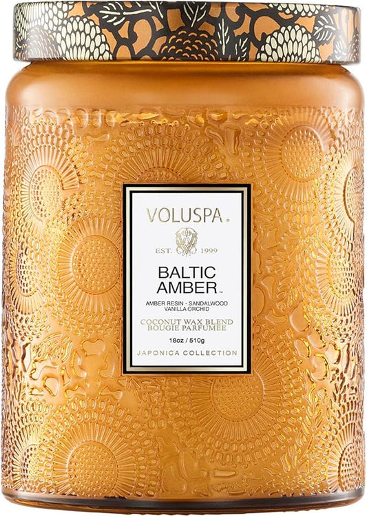 Voluspa Baltic Amber, Large Candle Jar, 18 oz, 100 Hour Burn Time, Coconut Wax for Clean Burning, Handcrafted in the USA
