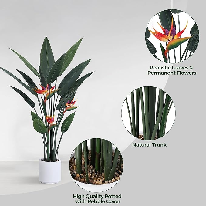 Artificial Bird of Paradise Plant 4 Ft Tall Fake Banana Leaf Plant for Indoors and Outdoors, Artificial Flowers, Faux Palm Tree with Plastic Pot for Office and Home Decor