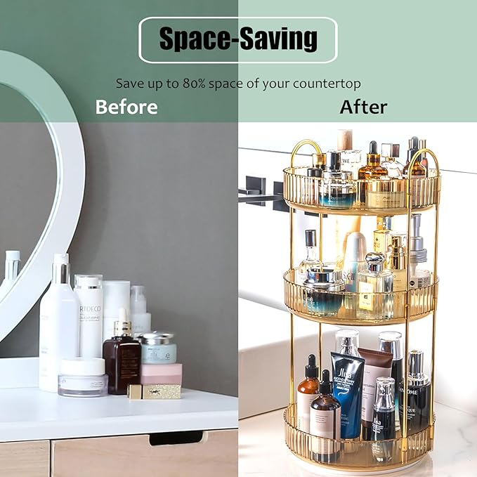 Rotating Makeup Organizer Countertop 3 Tier Lazy Susan Clear Skincare Perfume Storage for Bathroom Counter Vanity, Amber Gold