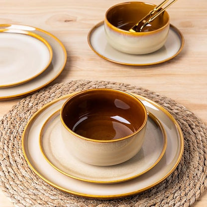LERATIO Ceramic Dinnerware Sets for 12, 36 Pieces Plates and Bowls Sets, Reactive Glaze Dishes -Scratch Resistant, Dishwasher&Microwave Safe&Oven Safe-Kahki