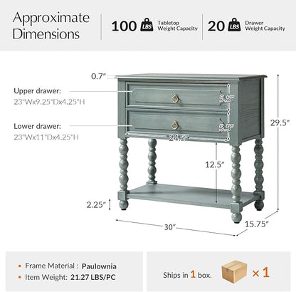 HULALA HOME Farmhouse Storage End Table with 2 Drawers and Open Shelf, Solid Wood Side Table with Spindle Legs, Nightstand with Charging Station (Blue)